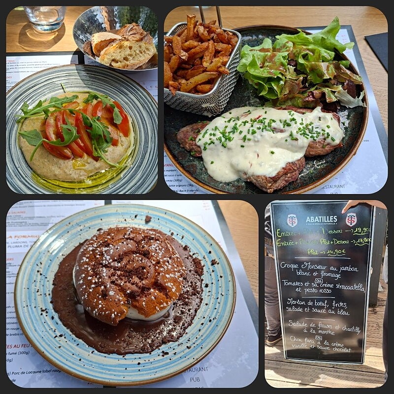 Tomates et sa creme straciatella, et pesto rosso - Merlan de Boeuf, frites,salade et sauce au bleu - Chou forci a la creme vanille et sauce chocolat