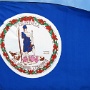 Flagge Virginia<br /><br />Die Flagge zeigt das Siegel Virginias auf blauem Feld. Blau ist die Farbe der Union.<br /><br />Das weiß umrandete Siegel zeigt in der Mitte eine blau gekleidete Frau, die antike Personifikation der Tapferkeit Virtus, die als Siegerin über einen toten Tyrannen dargestellt ist. Dabei stellt sie einen Fuß auf den Besiegten und stützt sich auf einen Speer. In der linken Hand trägt sie ein Schwert.<br /><br />Der Tyrann, England, hält in der linken Hand eine zerschlagene Kette und in der Rechten eine Peitsche. Die gefallene Krone verdeutlicht die Loslösung von der Monarchie.