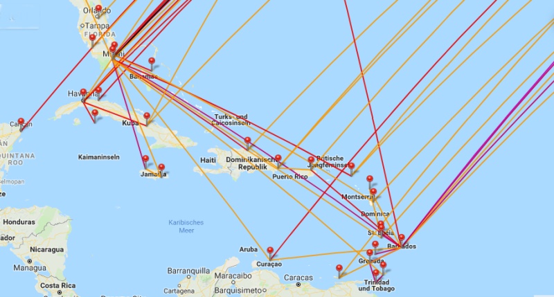 geflogene Strecken in der Karibik